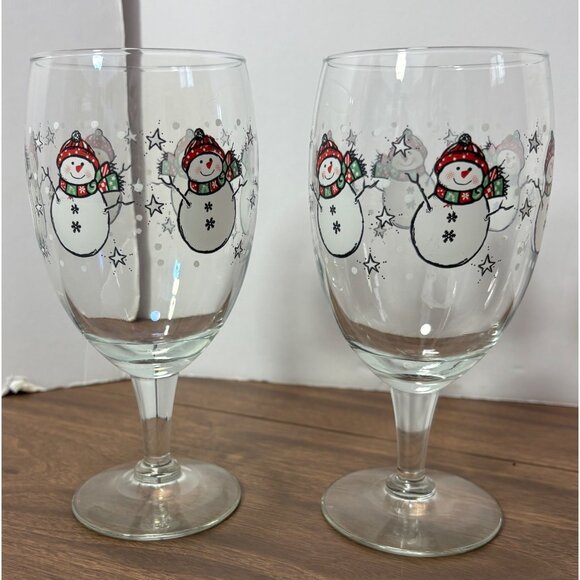 Libbey Snowman Christmas Themed Wine Glasses Set Of 2 Hand Painted Holiday - Picture 1 of 4